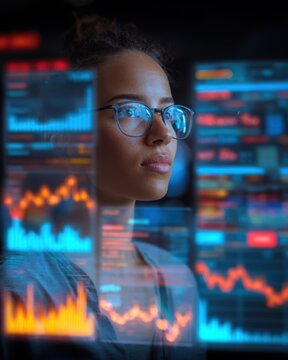 Digital Finance Analyst: A focused woman with glasses examines complex financial data visualized on futuristic holographic screens, symbolizing technological advancement and economic insight.