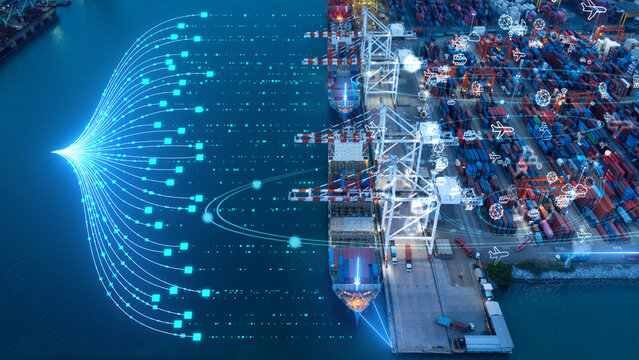 Glowing AI brain, digital data streams, and security padlocks overlaid on a commercial cargo container port. Smart maritime logistics, artificial intelligence supply chain, and secure global trade 