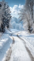 Obraz premium Winding Snowy Path Through a Frosty Winter Forest Landscape.