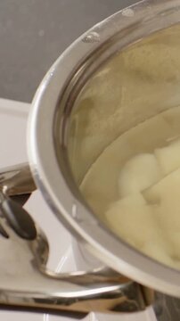 Vertical video: Entering hand sprinkling spice over pan on stove to season potato, flakes settling
