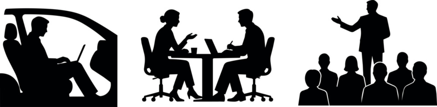 Business meeting, presentation, and remote work concepts shown as silhouettes