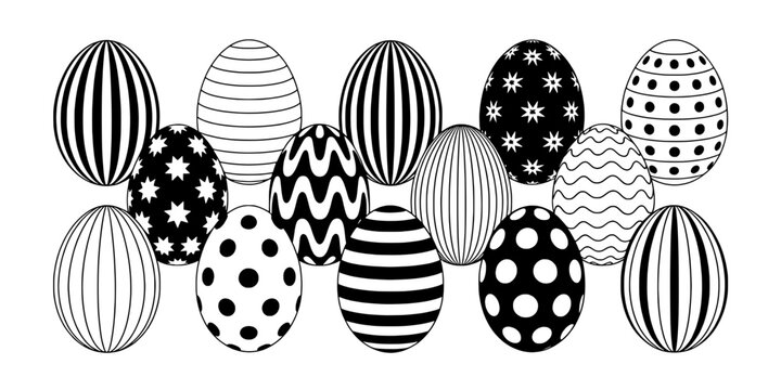 Eggs Decorated with Various Patterns and Designs in Black and White Featuring Stripes, Polka Dots, Stars with Wavy Lines and Festive Elements For