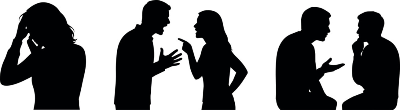 Silhouettes of people in conflict, showing distress and argument