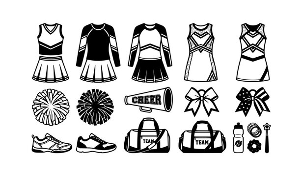 Black and White Cheerleader Uniform Vector Set with Pom Poms Megaphone and Team Spirit Accessories