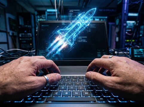 Space launch control hands typing at laptop with rocket visualization