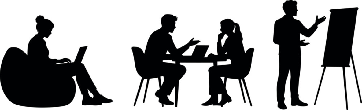 Diverse business people collaborating and presenting in silhouette