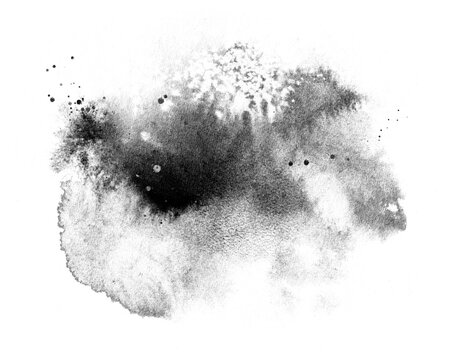 Abstract halftone ink blob, grunge art. Black paint stroke texture. Wallpaper design. Hand drawn watercolor isolated illustration