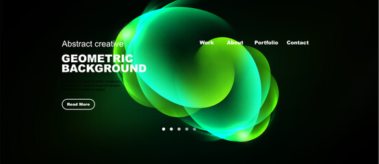 Obraz premium Dark background features vibrant green abstract shapes. Text elements include geometric background, navigation options, plus call to action.