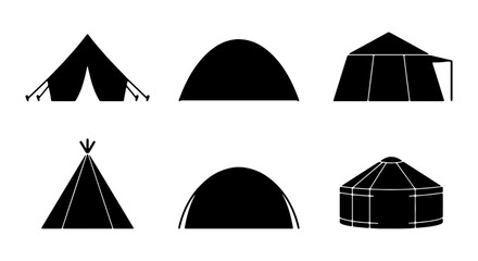 Diverse Tent Silhouettes Collection, Camping Shelter Icons, Outdoor Gear Vector Set © MR