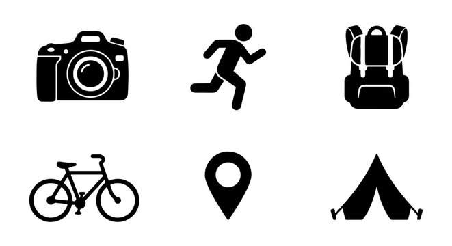 Outdoor Adventure Icons: Camera, Runner, Backpack, Bike, Map Pin, Tent