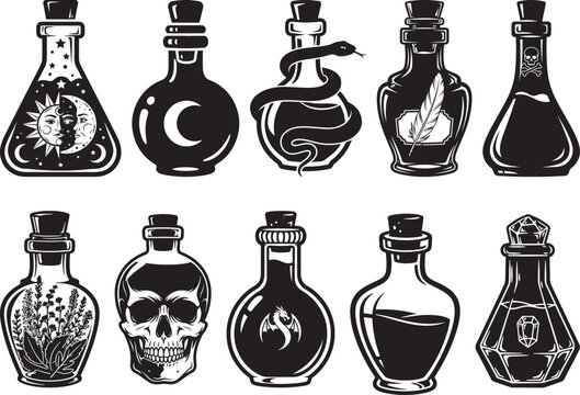 Magic Potion Bottle Silhouette Vector Illustration Witchcraft Alchemy Collection