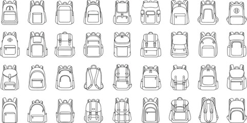 Backpack vector set with school bags, travel backpacks, hiking packs, rucksacks, and modern bag designs in line art © MstRubi