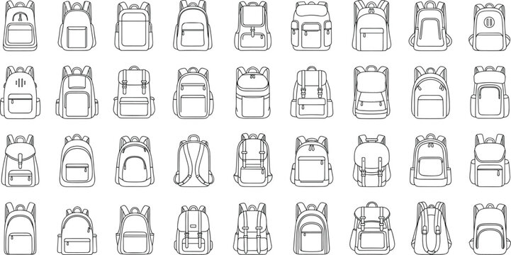 Backpack vector set with school bags, travel backpacks, hiking packs, rucksacks, and modern bag designs in line art