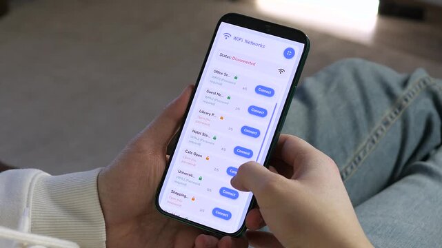 Browsing available WiFi networks on a smartphone. The screen displays a list of secured and open networks with signal strength indicators. Perfect for connectivity, internet access, and network