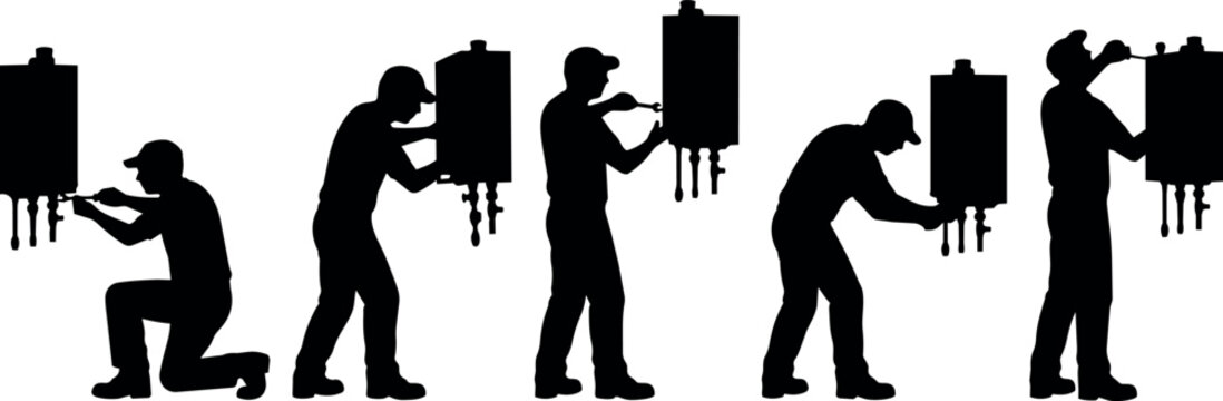 Silhouettes of plumbers working on water heaters in various poses