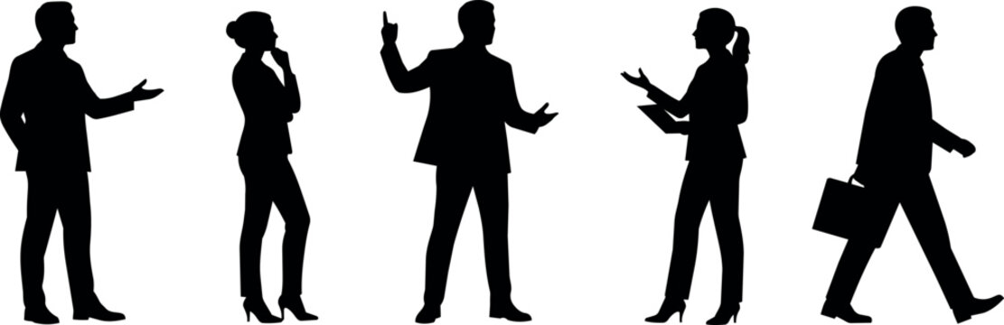 Diverse business professionals in silhouette, engaged in various work activities