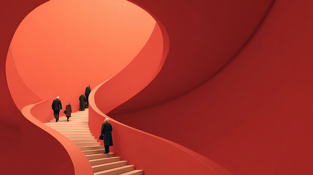 Minimalist red spiral staircase art, people ascending