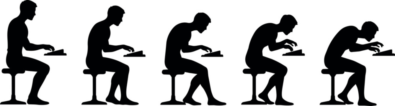 Series of silhouettes showing progressive poor posture while typing at a desk