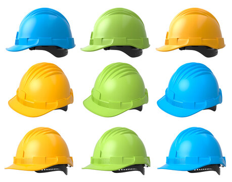 Set of construction safety helmets isolated on white transparent background, symbolizing safety and industry standards