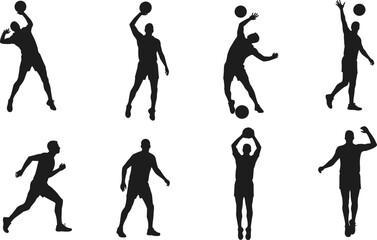 Basketball player silhouettes, men athletes dribbling jumping dunking shooting ball, sports action poses, vector illustration © MstRubi