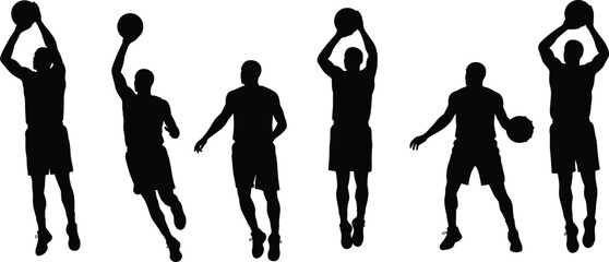Basketball player silhouettes, men athletes dribbling jumping shooting ball, sports training poses, vector illustration © MstRubi