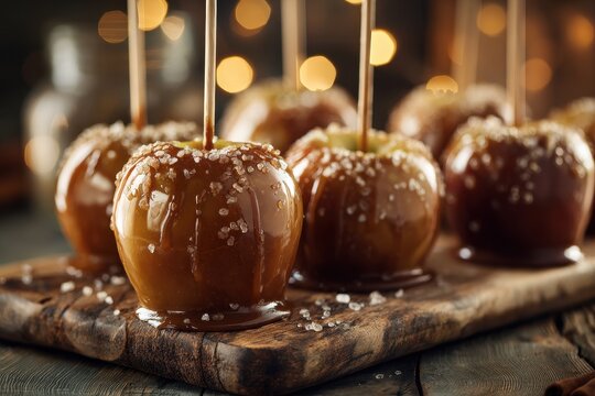 Autumn dessert display featuring shiny caramel apples and soft background glow
