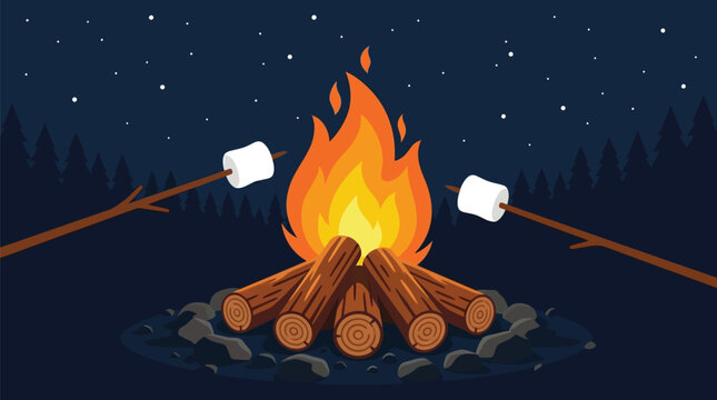 Bright orange campfire burning logs with white marshmallows roasting on sticks in a flat vector design