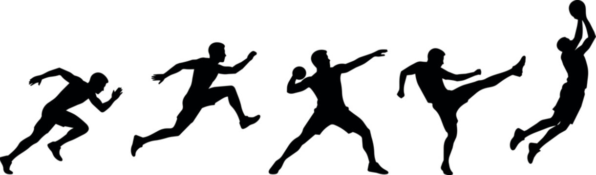 Athletic silhouettes in motion: running, jumping, throwing, kicking, and dunking