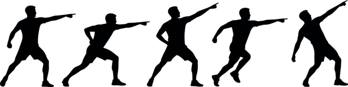Five dynamic silhouettes of a man in motion, pointing forward with determination
