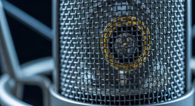 Close-up of metal microphone grill, silver mesh, recording studio equipment