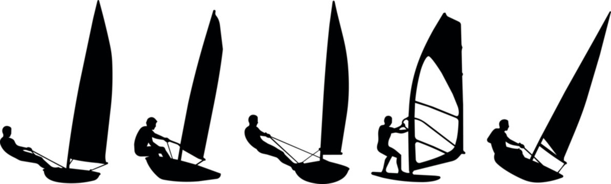Five silhouettes of people windsurfing and sailing on white background