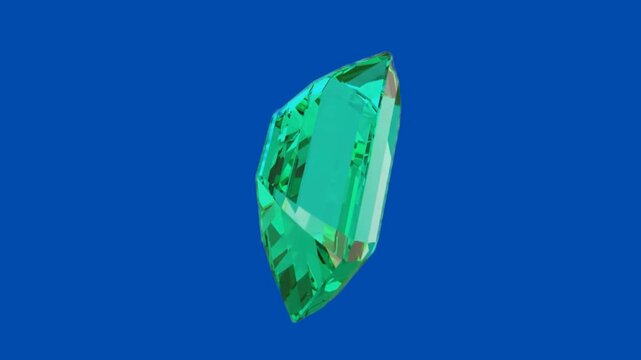 Rotating 3D green emerald cut gemstone isolated on blue screen background