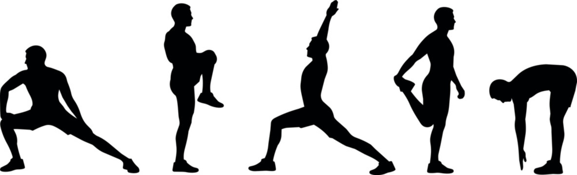 Silhouettes of a man performing five different stretching exercises on a white background