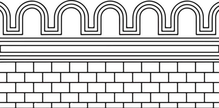 Decorative architectural border pattern with arched and brick wall texture in black and white desi