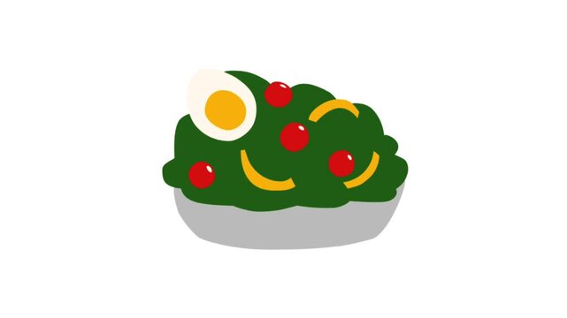 Animated 2D flat illustration of a healthy green vegetable salad bowl with egg and tomatoes