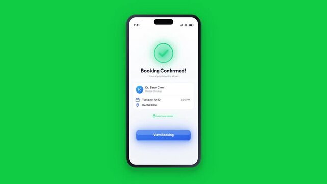 3D smartphone appointment booking app confirming doctor reservation animation on green screen