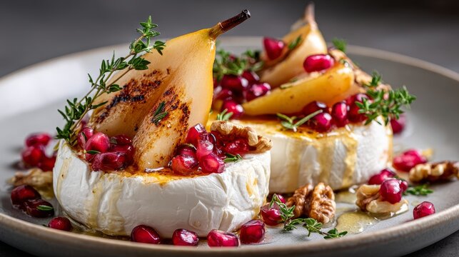 Baked brie topped with grilled pear, pomegranate seeds and walnuts