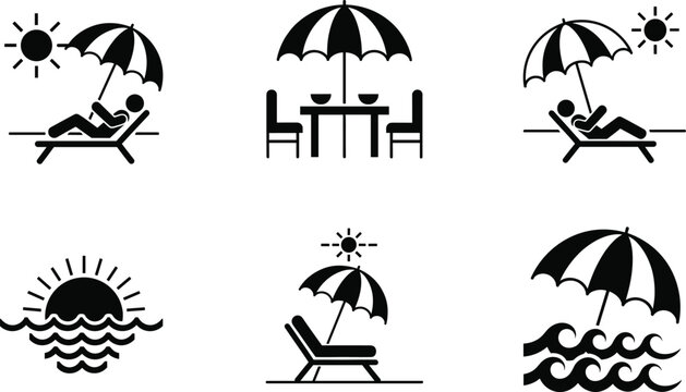 Beach icon set featuring lounge chairs, umbrellas, ocean waves, sunset, dining table, and summer relaxation symbols for design use