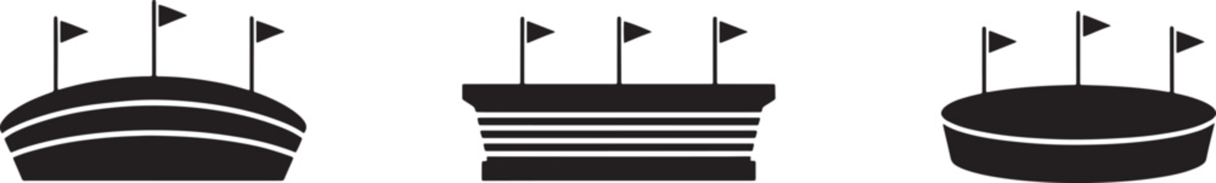 Sport stadium icons set showing different arena perspectives with flags for football and soccer events.