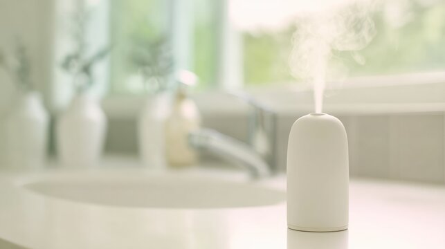 lemongrass. A pure white ceramic diffuser on a bathroom vanity, emitting a subtle mist, clean minimalist background. lifestyle magazines.
