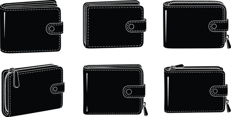 Bifold and zip around wallets, button closure leather wallet silhouettes, vector illustration © MstRubi