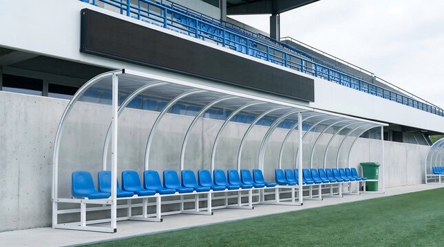 青いベンチとスタジアムの建物