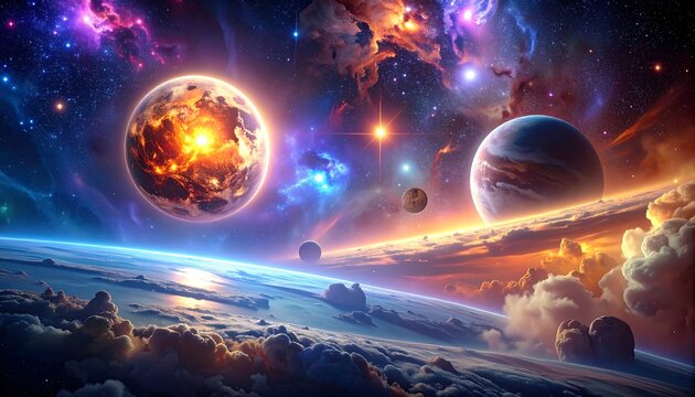 Vibrant cosmic landscape with swirling nebulas and multiple planets floating above a cloudy horizon