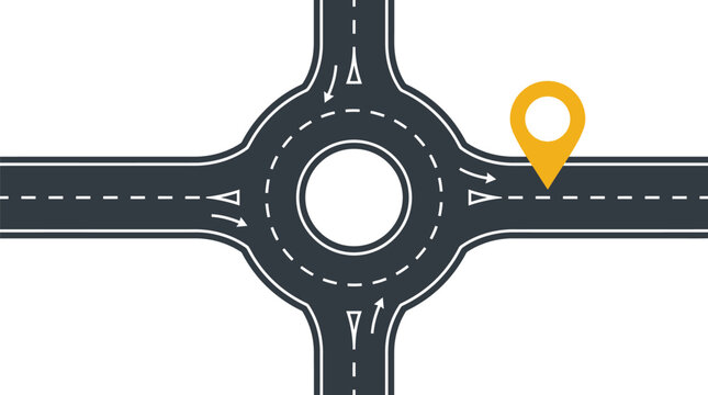 Modern flat vector illustration of a roundabout road junction with a yellow location pin icon