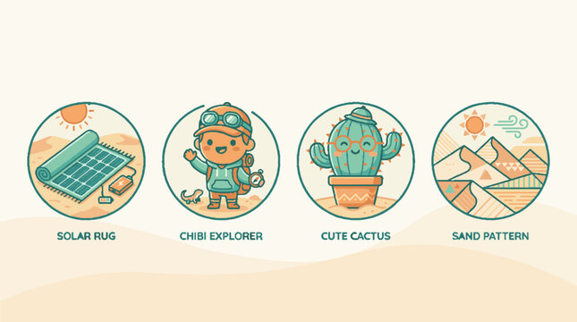 Cute desert exploration cartoon icons set featuring solar rug chibi explorer cactus and sand pattern.