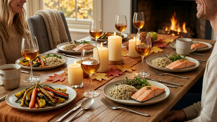 Fototapeta premium Cozy autumn dinner gathering with grilled salmon plates, candlelit dining table, fireplace ambiance and seasonal decor in rustic home setting