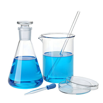 Erlenmeyer flask and beaker filled with blue liquid solution isolated