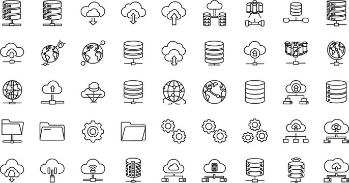 Black and White Cloud Computing, Networking, Data Storage and Cybersecurity Icon Set for IT Infrastructure and Digital Systems