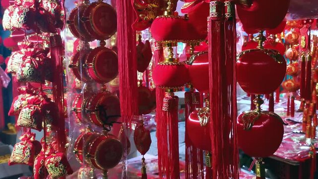 Red Chinese New Year Lanterns and Ornaments in Festive Market Display