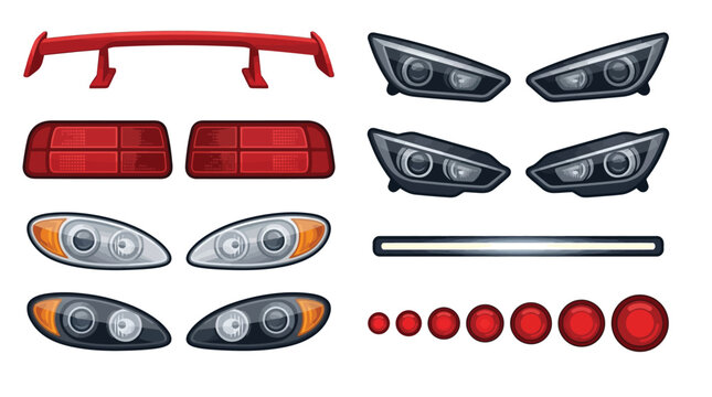 Detailed set of automotive vector graphic components including headlights tail lights and a red spoiler wing